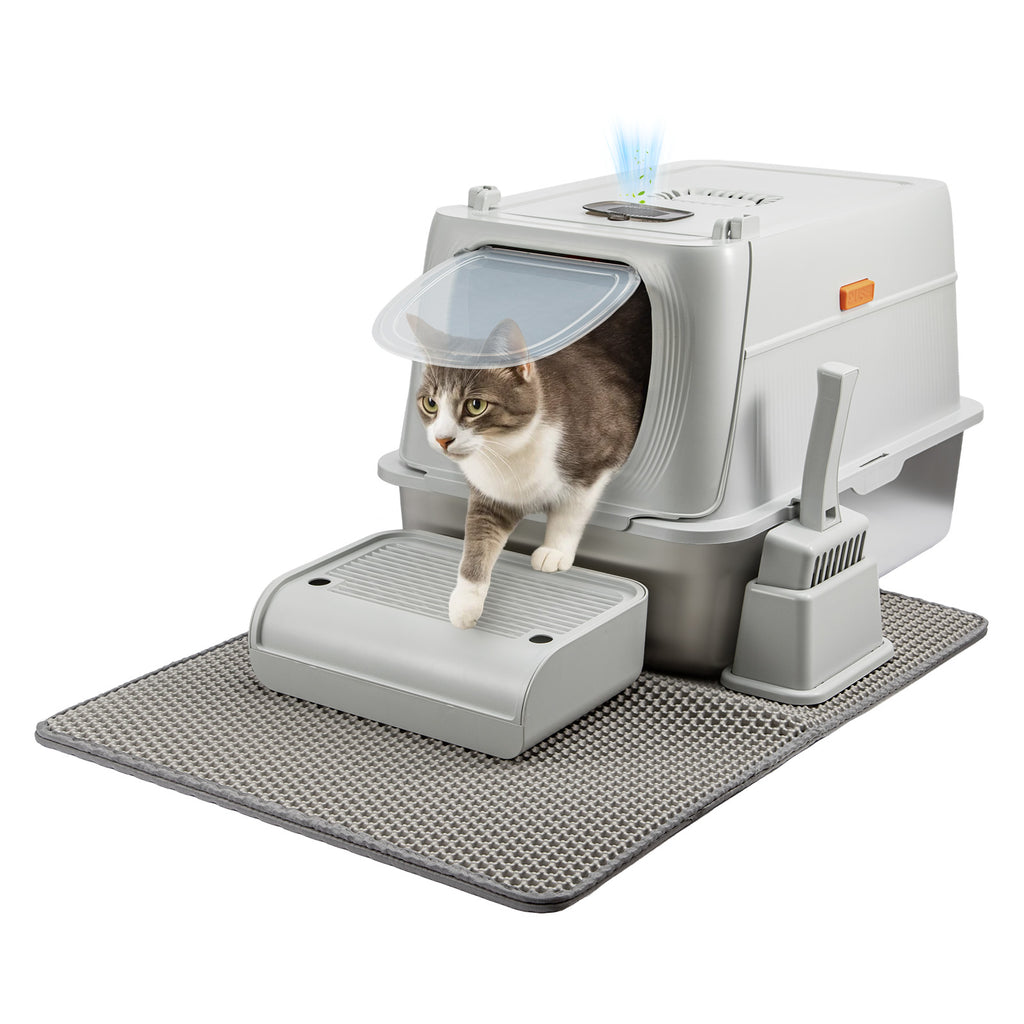 XXL Edelstahl-Katzentoilette mit Deckel – Geruchsneutrale Metall-Garderobe inkl. Streuschaufel & Matte (Doppeltür-System)