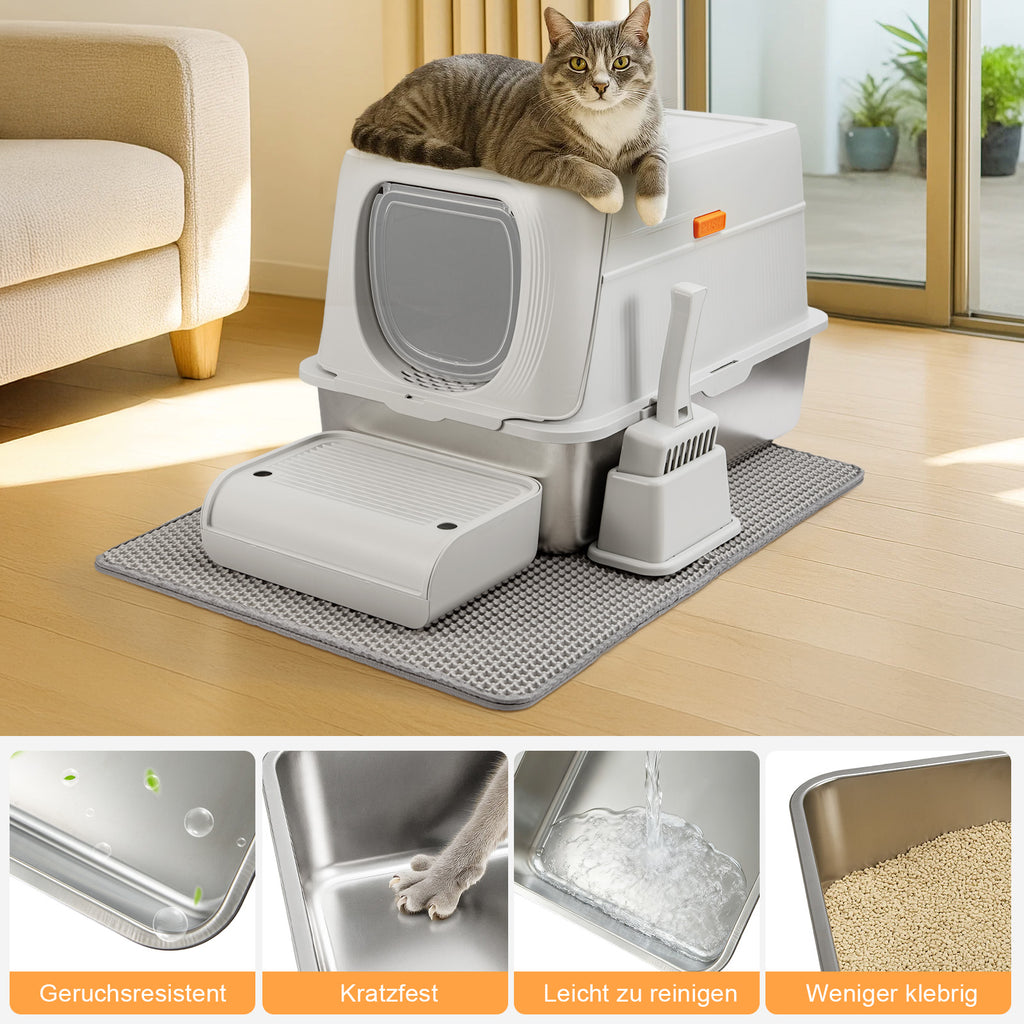 XXL Edelstahl-Katzentoilette mit Deckel – Geruchsneutrale Metall-Garderobe inkl. Streuschaufel & Matte (Doppeltür-System)