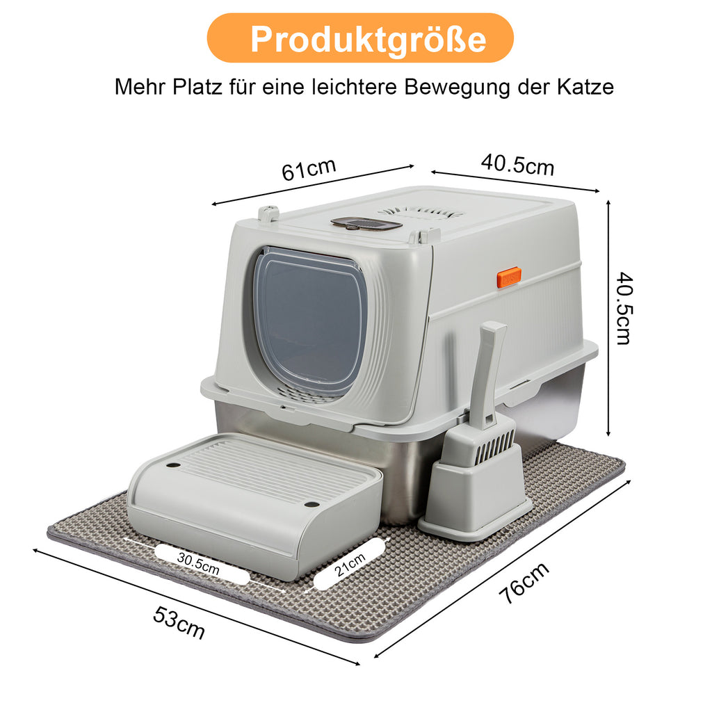 XXL Edelstahl-Katzentoilette mit Deckel – Geruchsneutrale Metall-Garderobe inkl. Streuschaufel & Matte (Doppeltür-System)