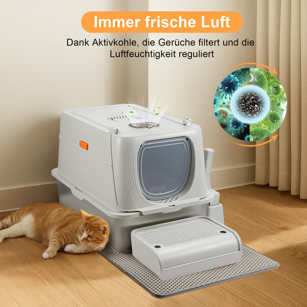 XXL Edelstahl-Katzentoilette mit Deckel – Geruchsneutrale Metall-Garderobe inkl. Streuschaufel & Matte (Doppeltür-System)