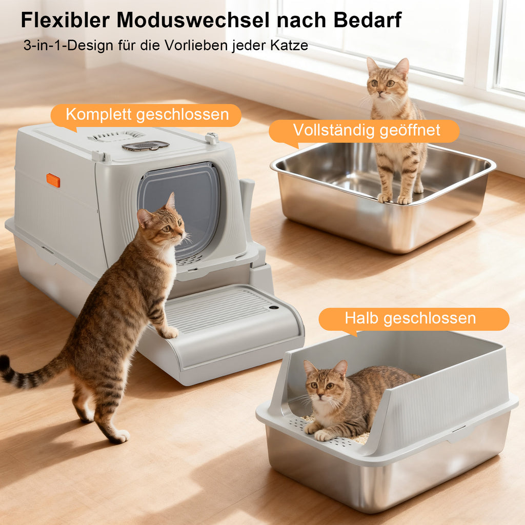 XXL Edelstahl-Katzentoilette mit Deckel – Geruchsneutrale Metall-Garderobe inkl. Streuschaufel & Matte (Doppeltür-System)