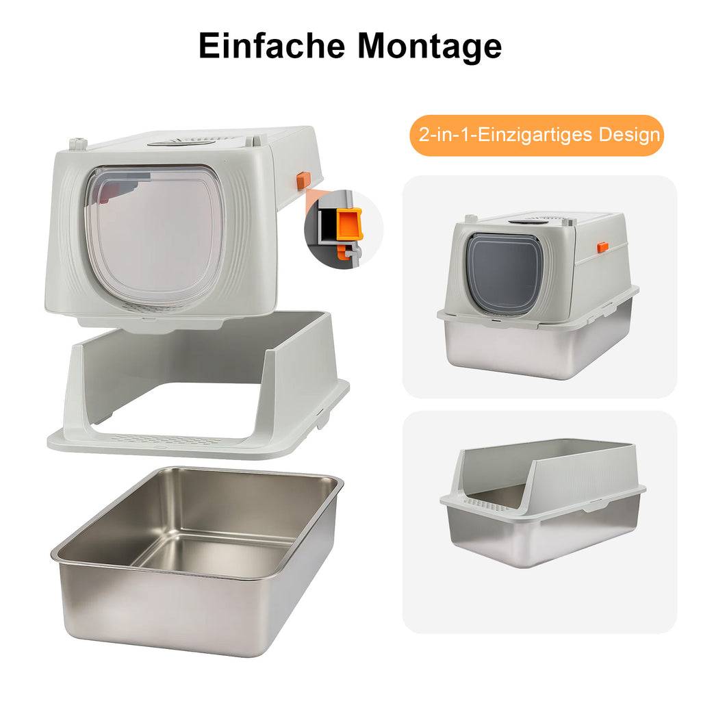 XXL Edelstahl-Katzentoilette mit Deckel – Geruchsneutrale Metall-Garderobe inkl. Streuschaufel & Matte (Doppeltür-System)