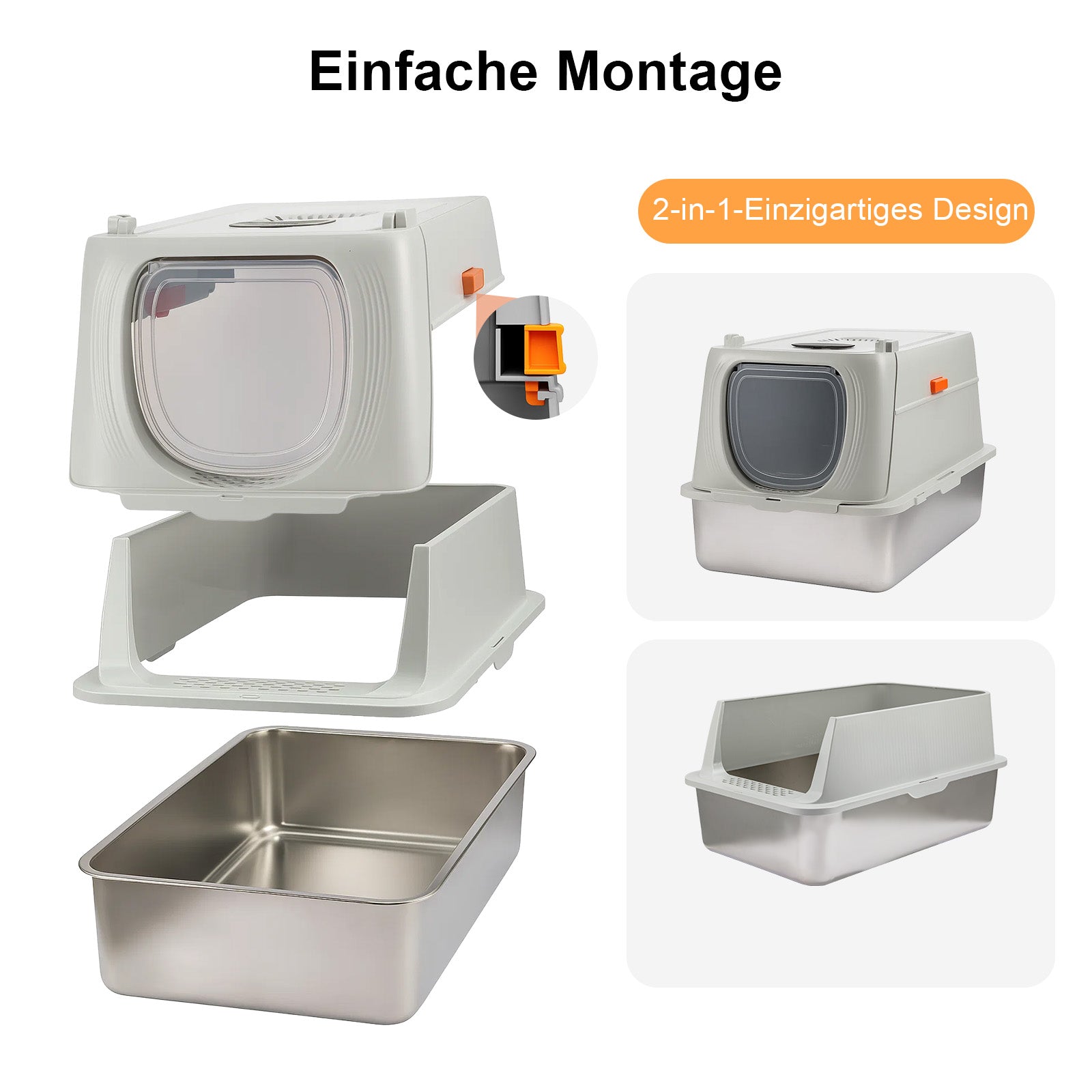 XXL Edelstahl-Katzentoilette mit Deckel – Geruchsneutrale Metall-Garderobe inkl. Streuschaufel & Matte (Doppeltür-System)