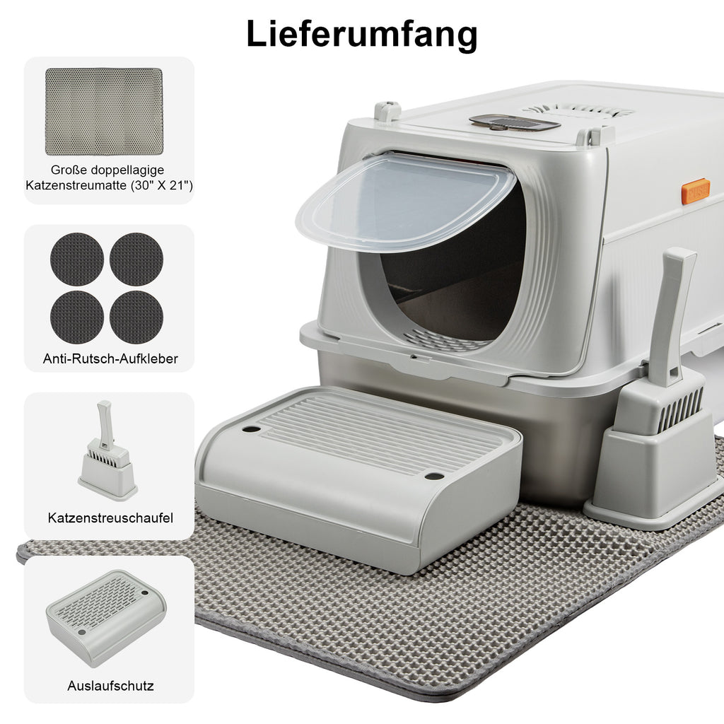XXL Edelstahl-Katzentoilette mit Deckel – Geruchsneutrale Metall-Garderobe inkl. Streuschaufel & Matte (Doppeltür-System)