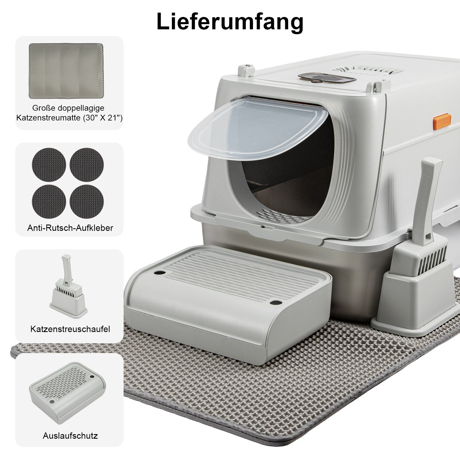 XXL Edelstahl-Katzentoilette mit Deckel – Geruchsneutrale Metall-Garderobe inkl. Streuschaufel & Matte (Doppeltür-System)