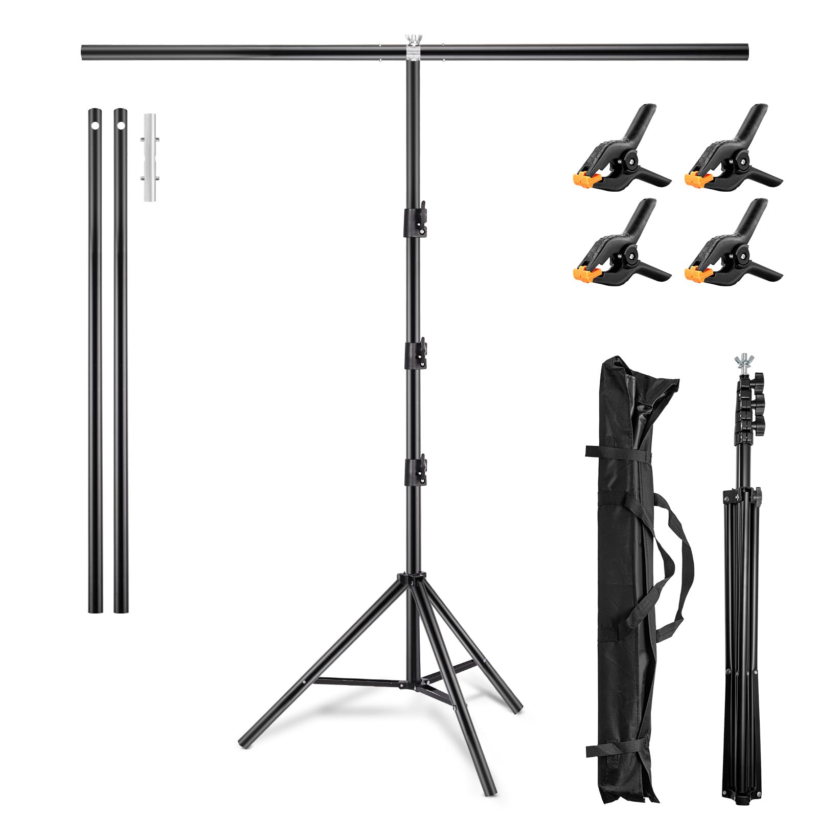 Kompakter T-Form Hintergrundständer (2 x 1,5 m) – Mobiles Fotostativ inkl. 3 Power-Clips für Porträts, Streaming & Videostudio