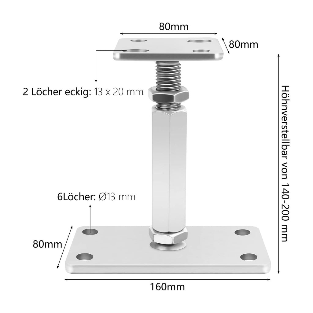 Profi Pfostenträger Höhenverstellbar (140–200 mm) – Verzinkter Stützenfuß mit massiver Bodenplatte für Holzkonstruktionen & Terrassen