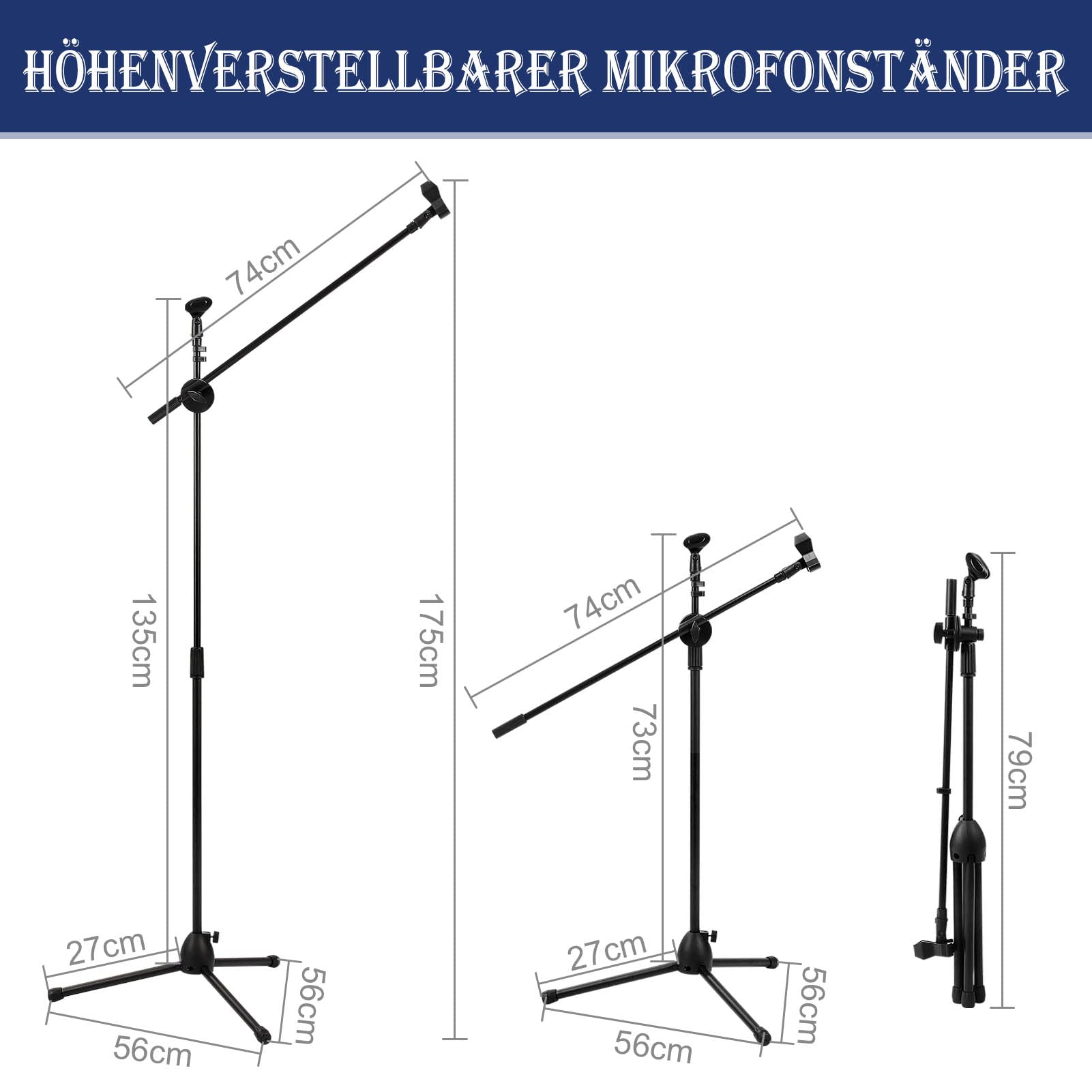 Profi Mikrofonständer (73–175 cm) – Höhenverstellbares Stativ mit 2 Mikrofonklemmen & stabilem Dreibeinfuß für Studio & Bühne