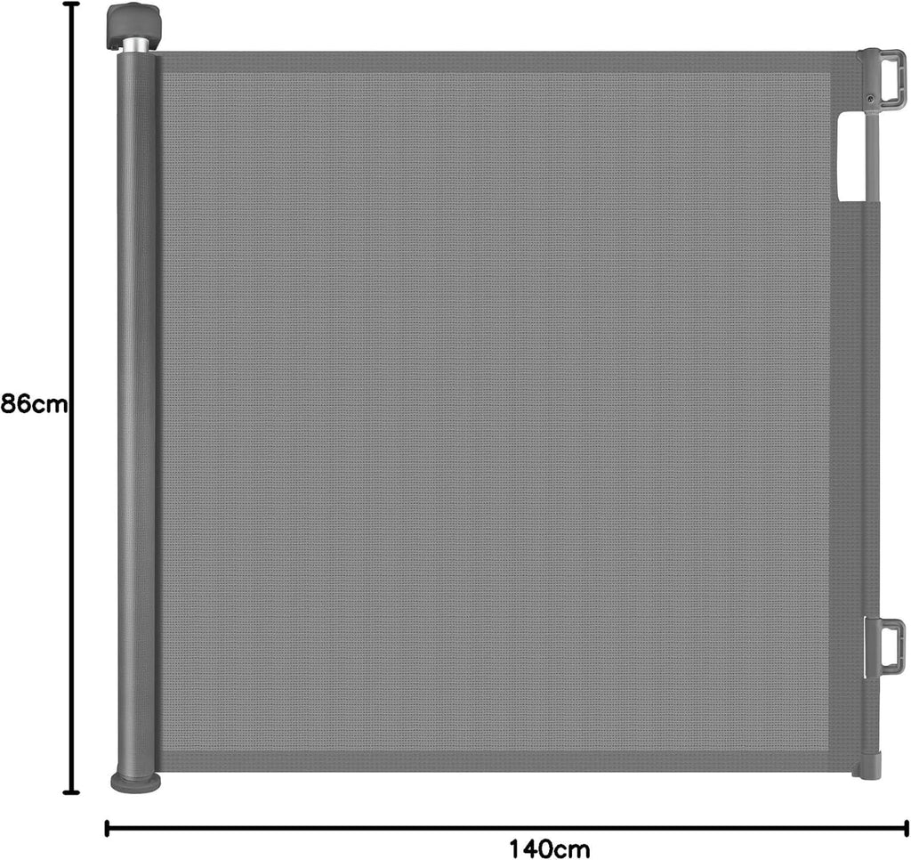 Ausziehbares Treppenschutzgitter (0–140 cm) – Flexibles Sicherheitsrolllo für Babys & Haustiere (Grau, 140 cm)