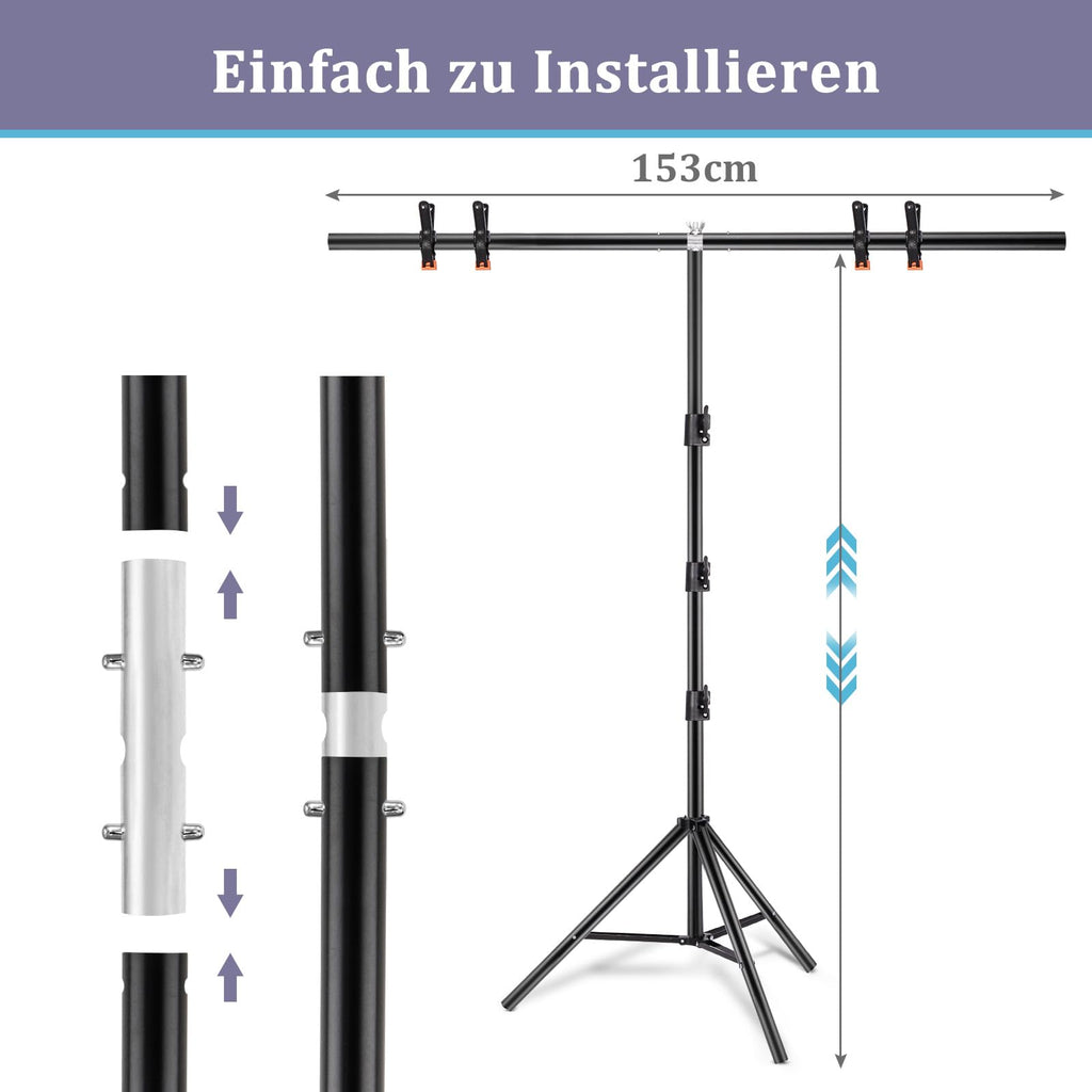 Kompakter T-Form Hintergrundständer (2 x 1,5 m) – Mobiles Fotostativ inkl. 3 Power-Clips für Porträts, Streaming & Videostudio