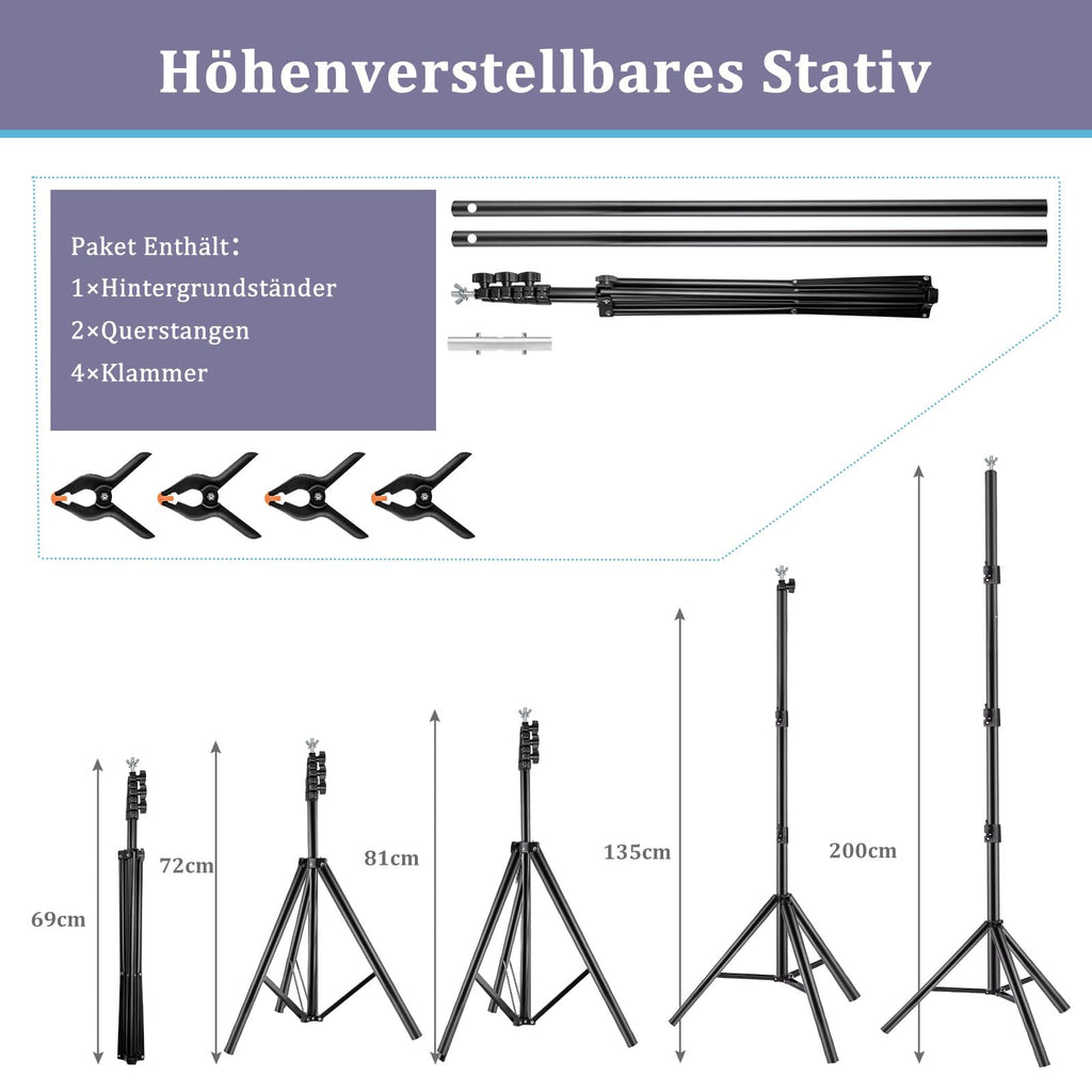 Kompakter T-Form Hintergrundständer (2 x 1,5 m) – Mobiles Fotostativ inkl. 3 Power-Clips für Porträts, Streaming & Videostudio
