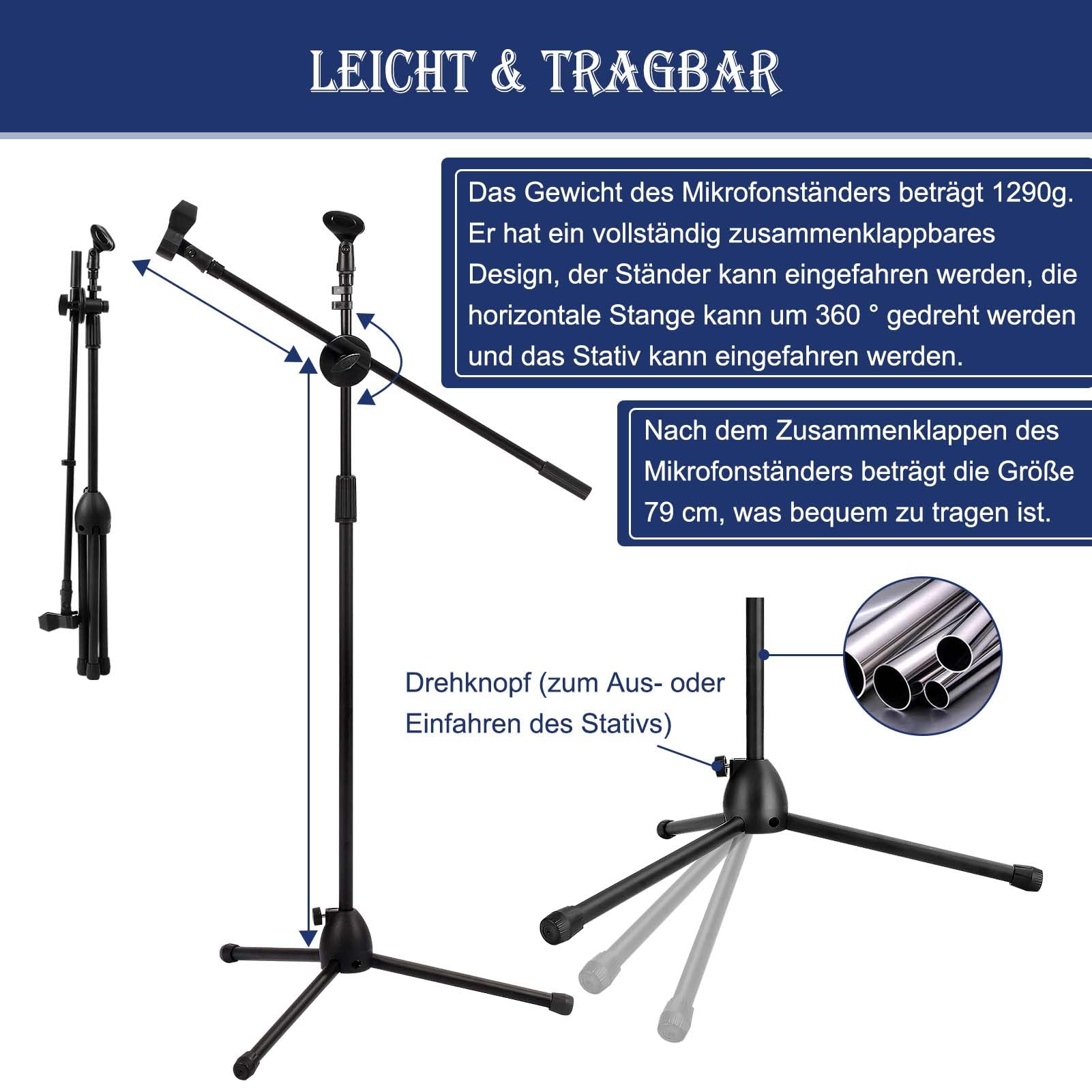 Profi Mikrofonständer (73–175 cm) – Höhenverstellbares Stativ mit 2 Mikrofonklemmen & stabilem Dreibeinfuß für Studio & Bühne