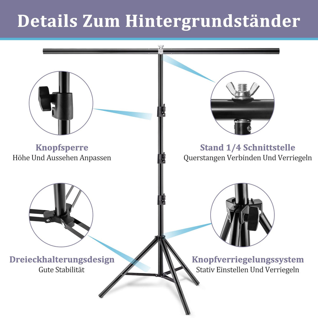 Kompakter T-Form Hintergrundständer (2 x 1,5 m) – Mobiles Fotostativ inkl. 3 Power-Clips für Porträts, Streaming & Videostudio
