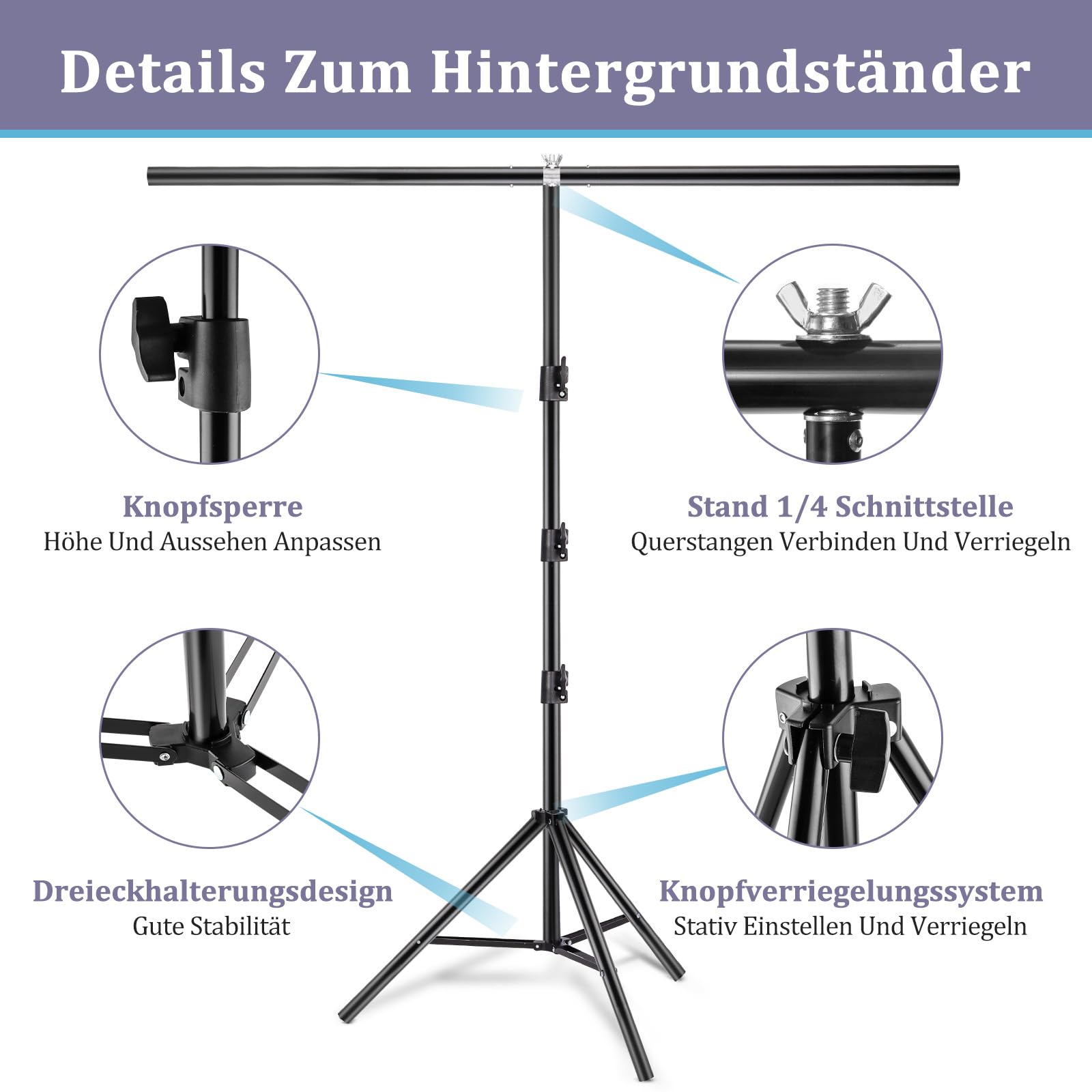 Kompakter T-Form Hintergrundständer (2 x 1,5 m) – Mobiles Fotostativ inkl. 3 Power-Clips für Porträts, Streaming & Videostudio
