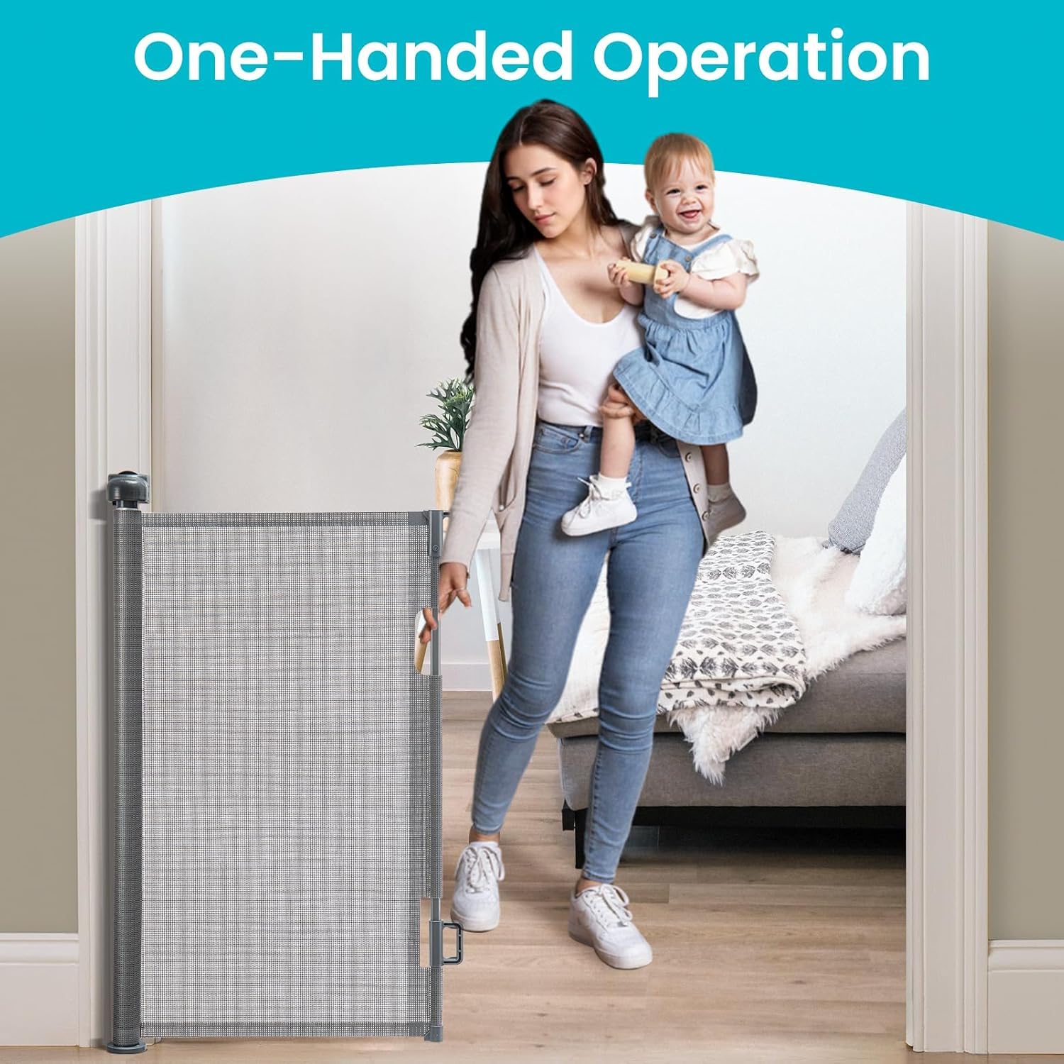 Ausziehbares Treppenschutzgitter (0–140 cm) – Flexibles Sicherheitsrolllo für Babys & Haustiere (Grau, 140 cm)