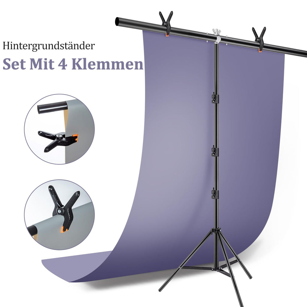 Kompakter T-Form Hintergrundständer (2 x 1,5 m) – Mobiles Fotostativ inkl. 3 Power-Clips für Porträts, Streaming & Videostudio
