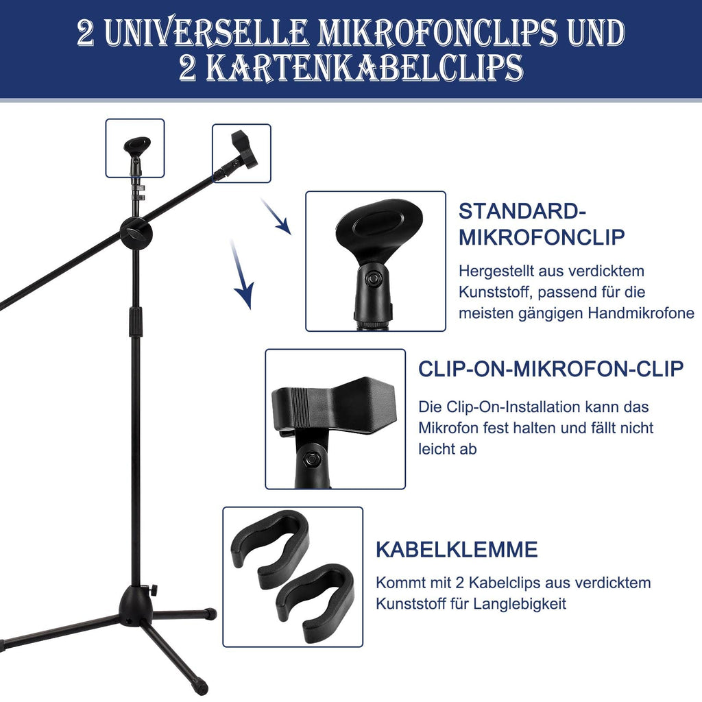 Profi Mikrofonständer (73–175 cm) – Höhenverstellbares Stativ mit 2 Mikrofonklemmen & stabilem Dreibeinfuß für Studio & Bühne