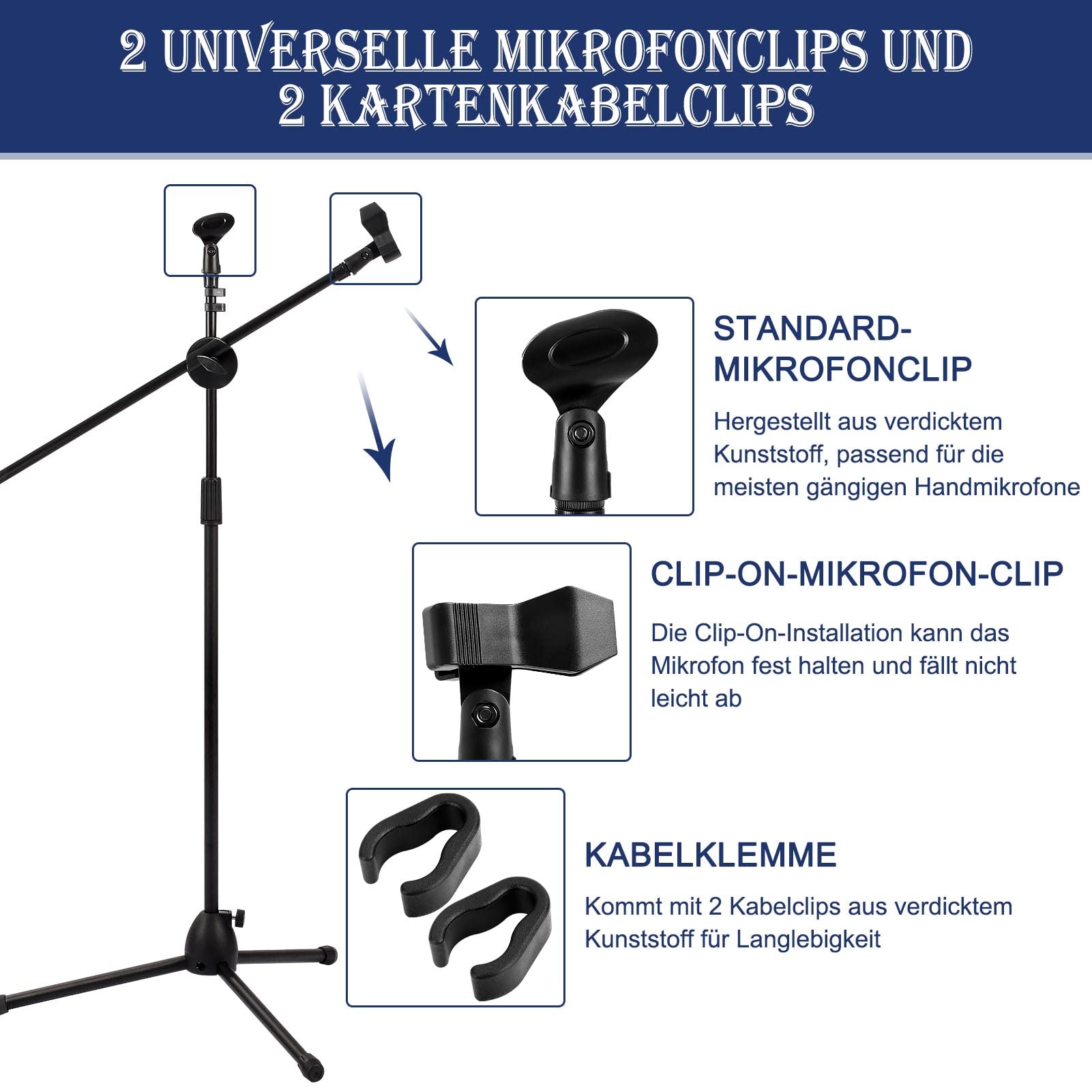 Profi Mikrofonständer (73–175 cm) – Höhenverstellbares Stativ mit 2 Mikrofonklemmen & stabilem Dreibeinfuß für Studio & Bühne