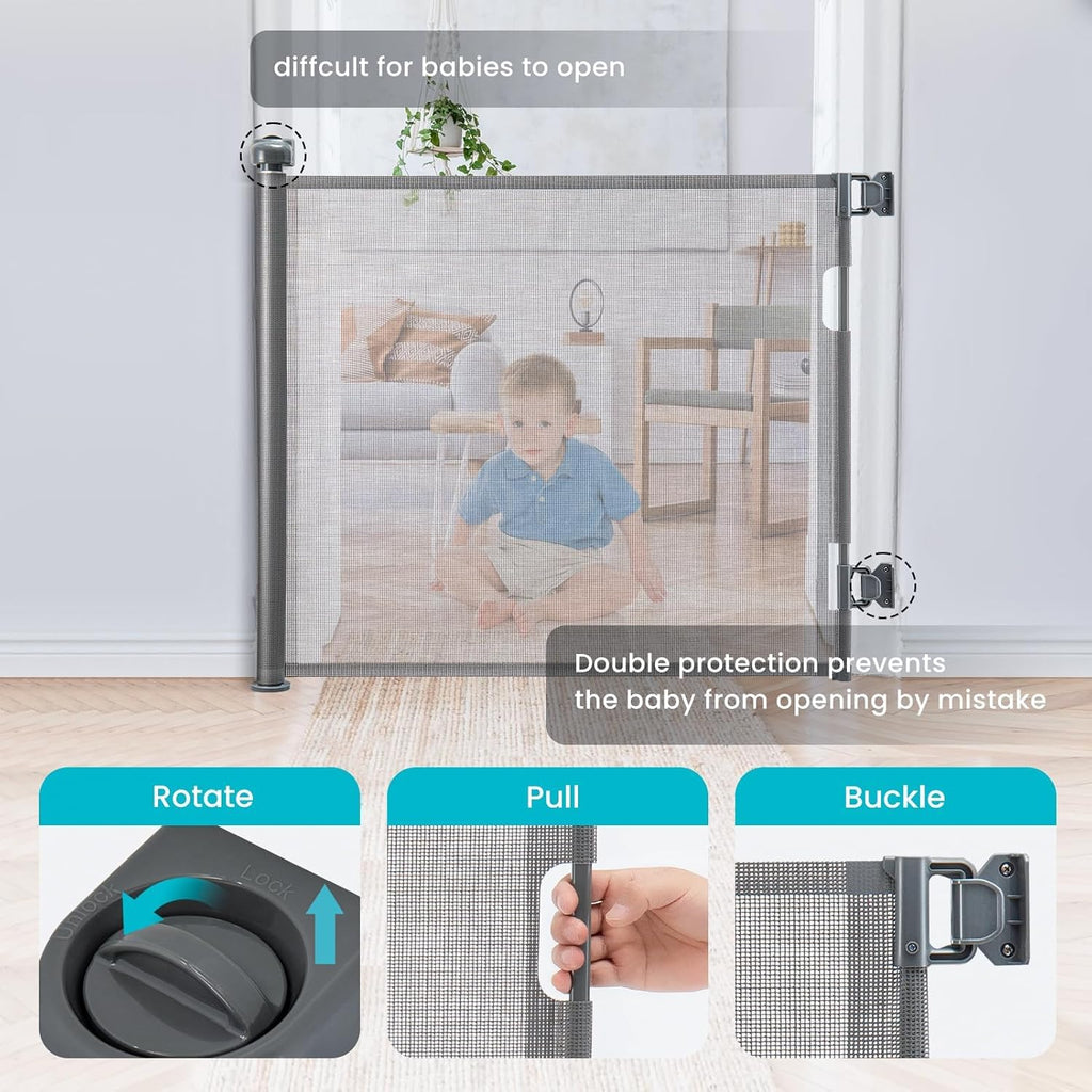 Ausziehbares Treppenschutzgitter (0–140 cm) – Flexibles Sicherheitsrolllo für Babys & Haustiere (Grau, 140 cm)