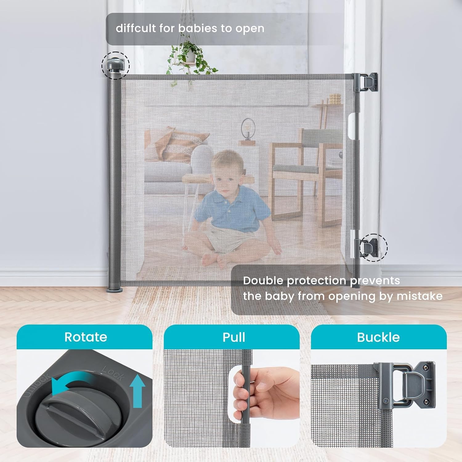 Ausziehbares Treppenschutzgitter (0–140 cm) – Flexibles Sicherheitsrolllo für Babys & Haustiere (Grau, 140 cm)