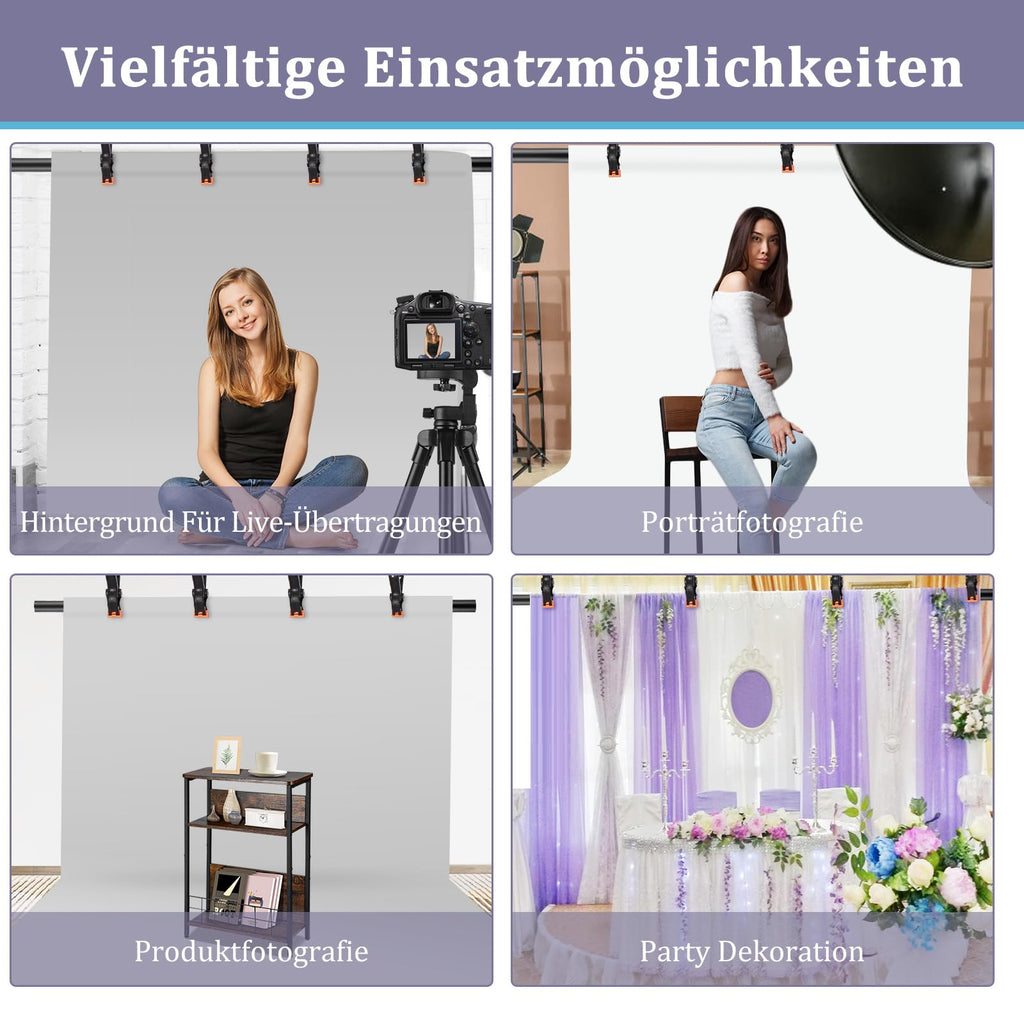 Kompakter T-Form Hintergrundständer (2 x 1,5 m) – Mobiles Fotostativ inkl. 3 Power-Clips für Porträts, Streaming & Videostudio